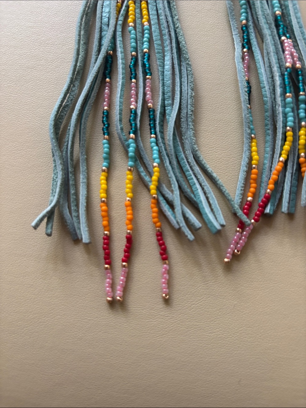 Handmade Turquoise Leather Beaded Fringe Earrings Artisan Boho 8” - Picture 3 of 5